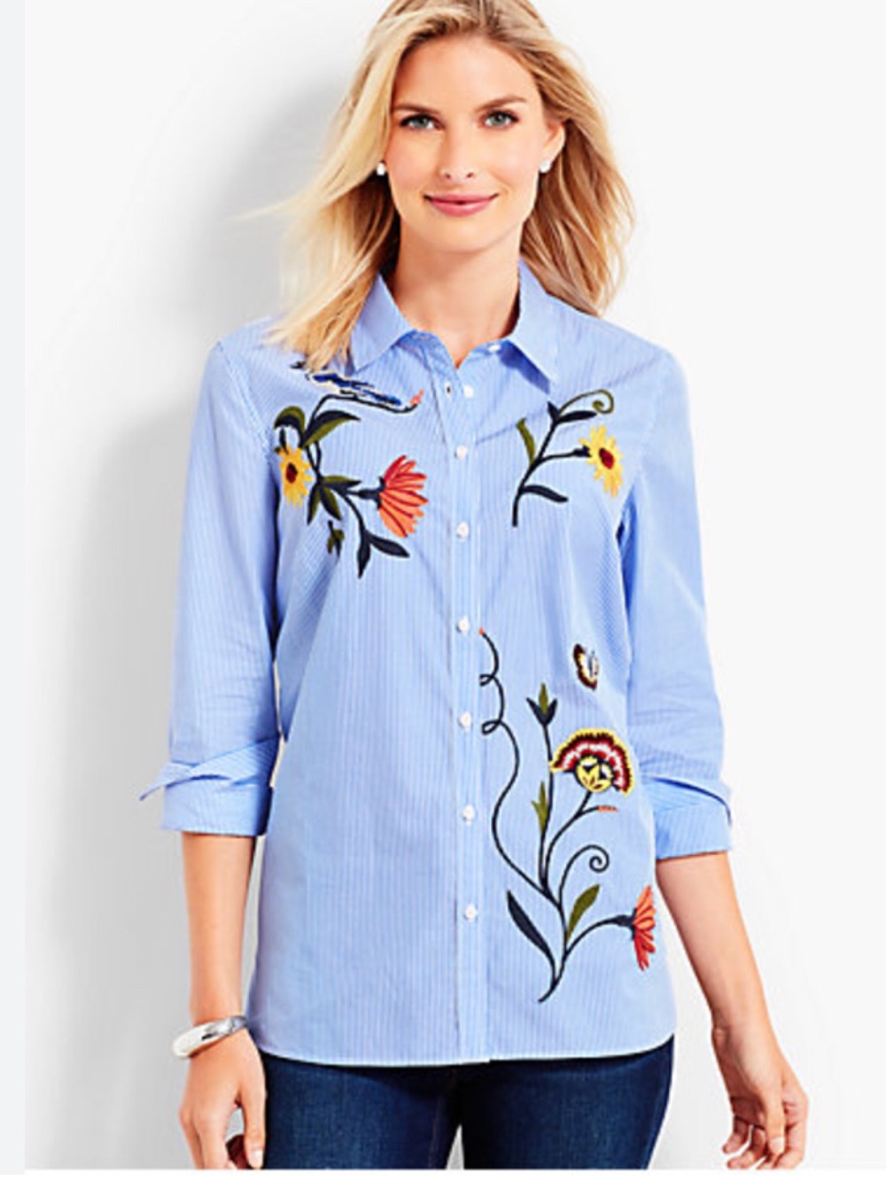 Talbots Embroidered Stripe Button-Down Shirt - Light Blue